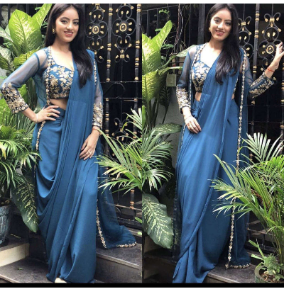 Buy Deepika Singh Teal Blue Sequins Silk Indo-Western Partywear Saree Online from EthnicPlus for ₹2,149.00