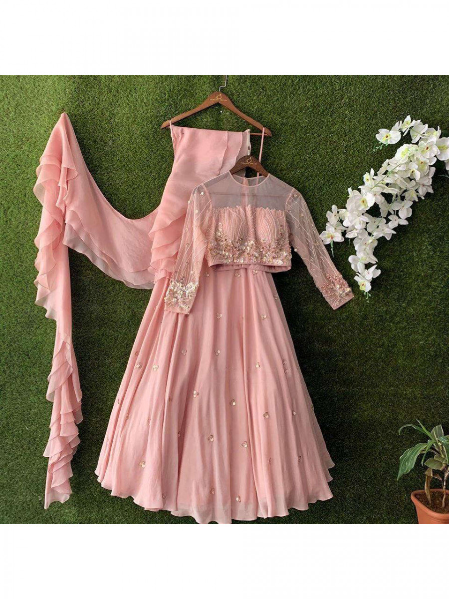 Buy Pink-Grey Satin sequence Jacket Lehenga Online from EthnicPlus for ₹2,149.00