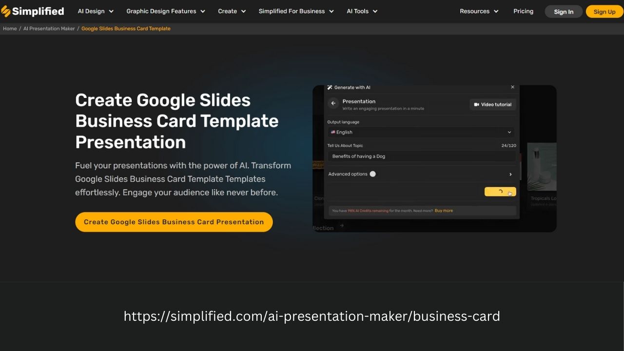 Free Online Google Slides Business Card Template Presentation Creator: Simplified Makes It Easy