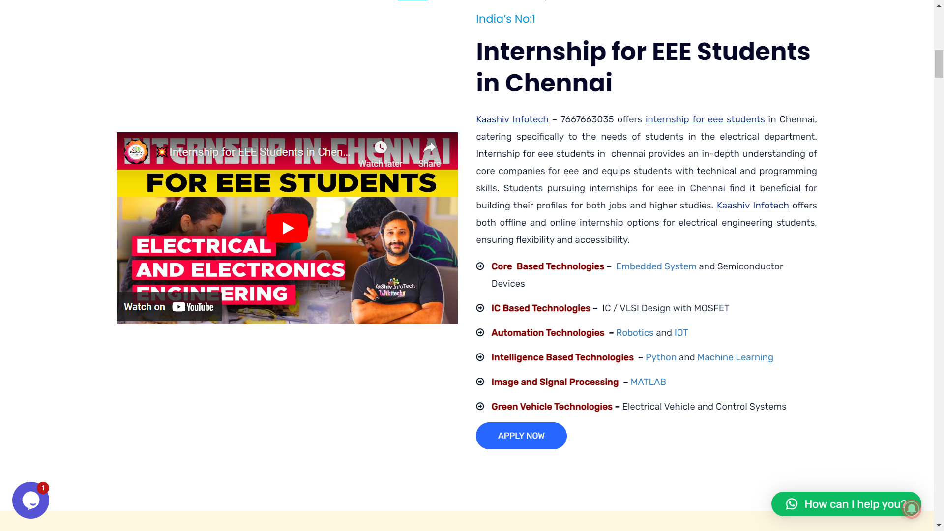 internship for eee students in chennai