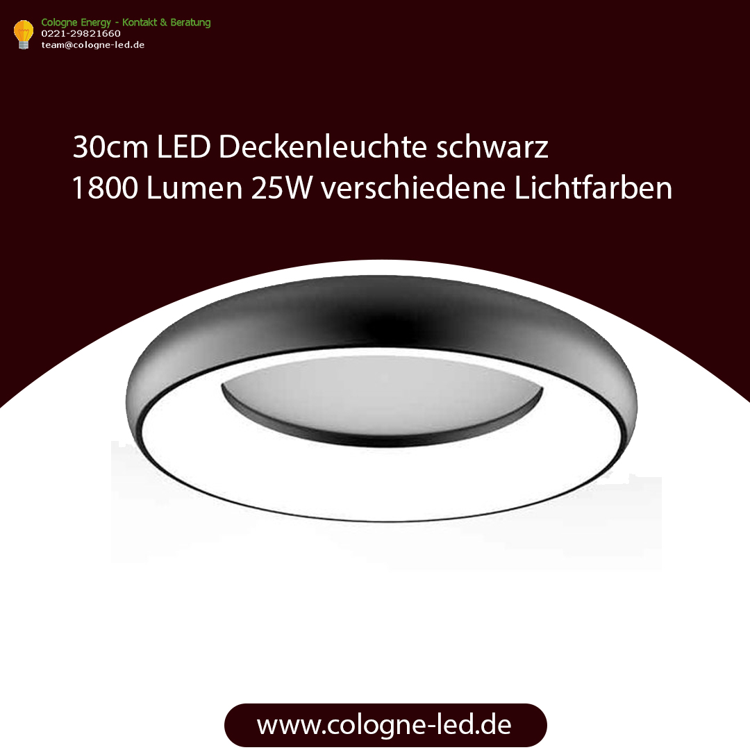 30cm LED Deckenleuchte schwarz 1800 Lumen 25W verschiedene Lichtfarben