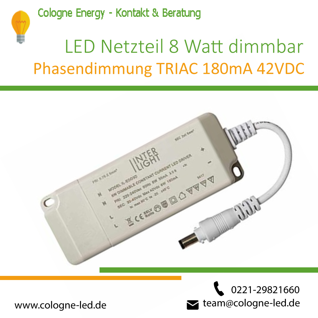 LED Netzteil 8 Watt dimmbar Phasendimmung TRIAC 180mA 42VDC