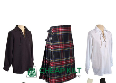 9 Pcs | Black Stewart Tartan Wedding Kilt Outfit
